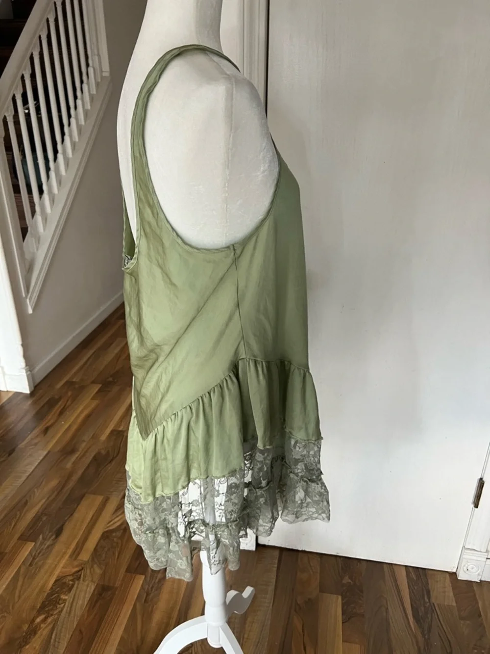 Sage Olive Green Lace-Hem V Drop Waist Mini Dress - Picture 10 of 13